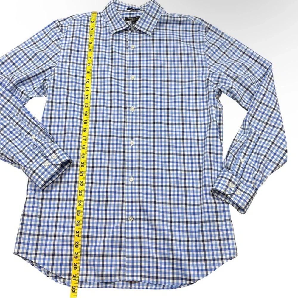 Banana Republic Grant Fit Blue Plaid Button Down SzL Non Iron Cotton Stretch